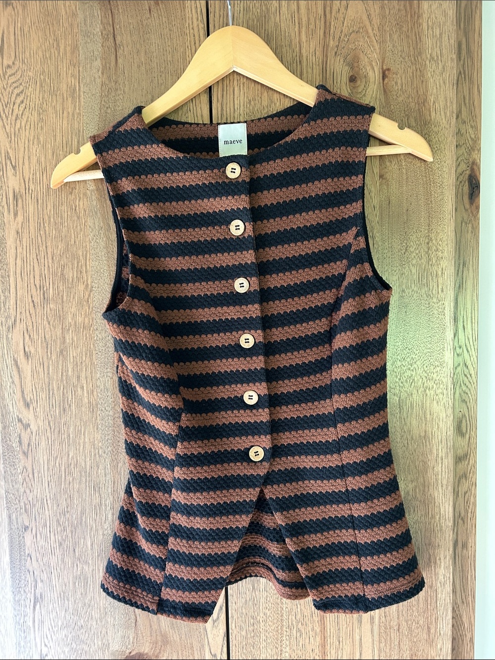 NWT Maeve Black and Brown Striped Button-Front Knit Top